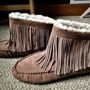 EMU Australia shearling sheepskin suede moccasin fringe ankle booties Sundance